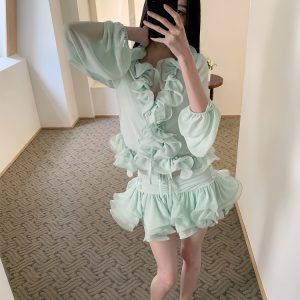 Transparent Chiffon 3D Ruffled Cardigan and Short Skirt Set - Wizard of Oz Inspired Floral Design