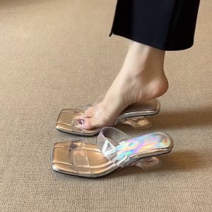 Transparent One-Strap Sheepskin Sandals for Women - Summer High Heels, Fashionable Outdoor Footwear to Pair with Skirts