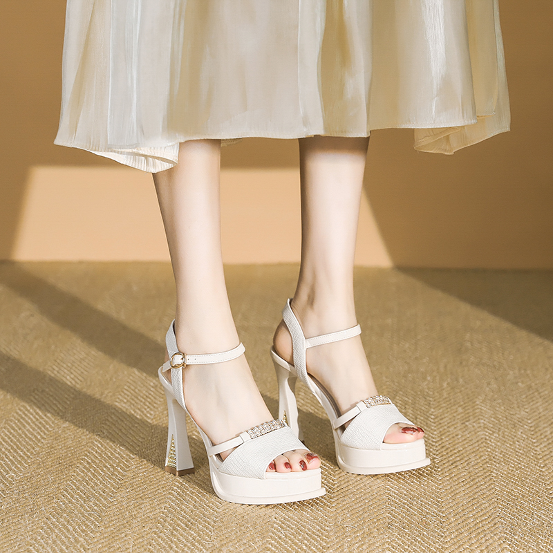 Trendy 2025 Summer Rhinestone High Heels for Women, Chunky Platform, One-Strap Buckle, Thick-Soled Peep-Toe Sandals