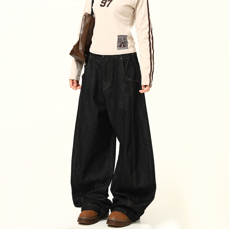 Trendy American Retro Wide-Leg Jeans with Curved Blade Silhouette - High-End Loose-Fit Fashion Pants for a Chic Look