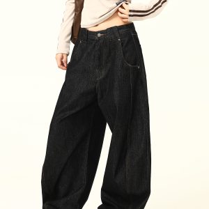 Trendy American Retro Wide-Leg Jeans with Curved Blade Silhouette - High-End Loose-Fit Fashion Pants for a Chic Look