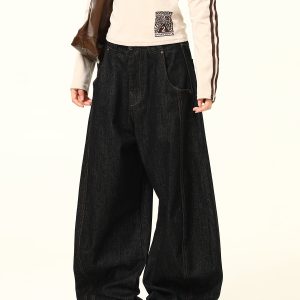 Trendy American Retro Wide-Leg Jeans with Curved Blade Silhouette - High-End Loose-Fit Fashion Pants for a Chic Look