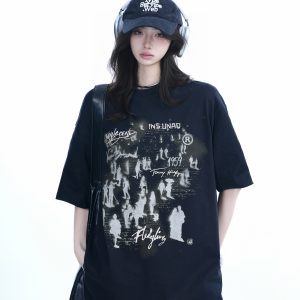 Trendy American Street Style Graffiti T-Shirt for Women, Loose Fit Boyfriend Style, Pure Cotton, Summer Short Sleeve Top