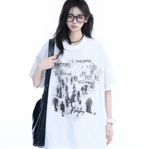 Trendy American Street Style Graffiti T-Shirt for Women, Loose Fit Boyfriend Style, Pure Cotton, Summer Short Sleeve Top