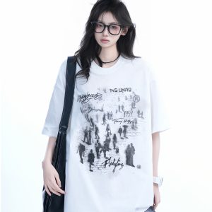 Trendy American Street Style Graffiti T-Shirt for Women, Loose Fit Boyfriend Style, Pure Cotton, Summer Short Sleeve Top