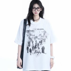 Trendy American Street Style Graffiti T-Shirt for Women, Loose Fit Boyfriend Style, Pure Cotton, Summer Short Sleeve Top