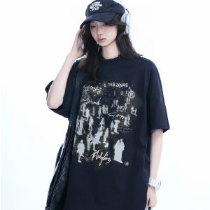 Trendy American Street Style Graffiti T-Shirt for Women, Loose Fit Boyfriend Style, Pure Cotton, Summer Short Sleeve Top