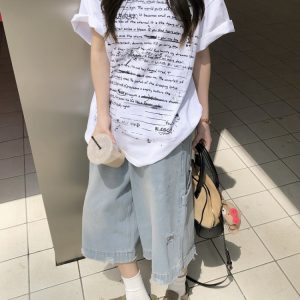 Trendy American Style All-Over Print Bullet Letter Short-Sleeve T-Shirt for Men and Women - Summer Loose Fit Couple Tee