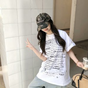 Trendy American Style All-Over Print Bullet Letter Short-Sleeve T-Shirt for Men and Women - Summer Loose Fit Couple Tee