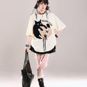 Trendy American-Style Cartoon Print Short Sleeve T-Shirt for Women - Cute Loose Fit Summer Top