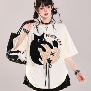 Trendy American-Style Cartoon Print Short Sleeve T-Shirt for Women - Cute Loose Fit Summer Top