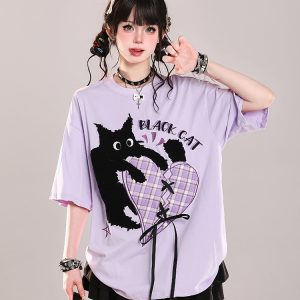 Trendy American-Style Cartoon Print Short Sleeve T-Shirt for Women - Cute Loose Fit Summer Top