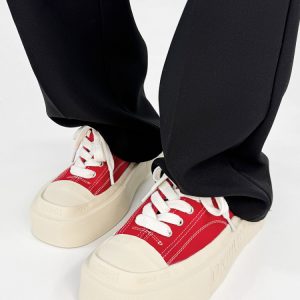 Trendy Black and White Thick-Soled Canvas Sneakers for Men and Women, Summer Casual Square Toe Couple Shoes