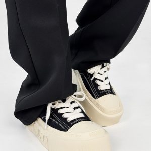 Trendy Black and White Thick-Soled Canvas Sneakers for Men and Women, Summer Casual Square Toe Couple Shoes