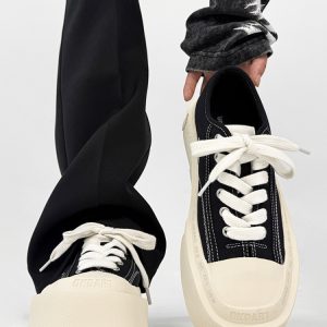 Trendy Black and White Thick-Soled Canvas Sneakers for Men and Women, Summer Casual Square Toe Couple Shoes