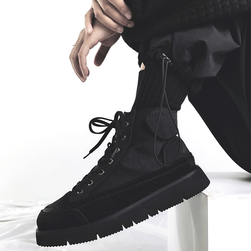 Trendy Black High-Top Martin Boots for Men, British-Style Canvas Motorcycle Sneakers, Functional Hong Kong Fashion