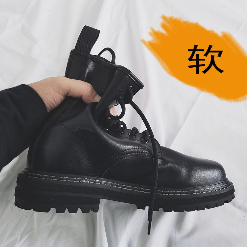 Trendy Black High-Top Martin Boots for Men | Genuine Leather Motorcycle Work Shoes | Versatile Hong Kong Style