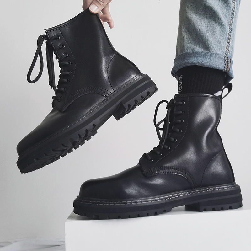 Trendy Black High-Top Martin Boots for Men | Genuine Leather Motorcycle Work Shoes | Versatile Hong Kong Style