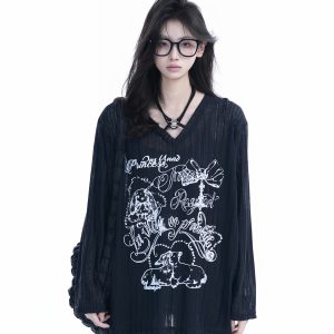 Trendy Black Long Sleeve Graffiti Neck-Covering Sunscreen Shirt for Women - Sweet Cool Spicy Girl Style