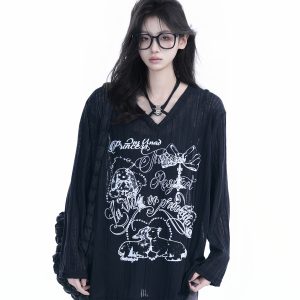 Trendy Black Long Sleeve Graffiti Neck-Covering Sunscreen Shirt for Women - Sweet Cool Spicy Girl Style
