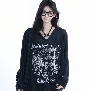 Trendy Black Long Sleeve Graffiti Neck-Covering Sunscreen Shirt for Women - Sweet Cool Spicy Girl Style