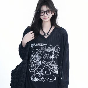 Trendy Black Long Sleeve Graffiti Neck-Covering Sunscreen Shirt for Women - Sweet Cool Spicy Girl Style