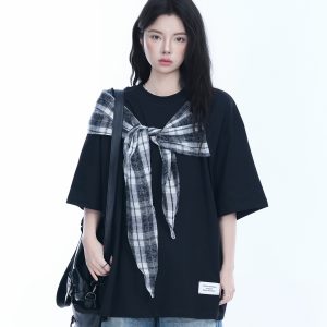 Trendy Black Short Sleeve T-shirt for Women with Butterfly Knot Spliced Design - American Style Loose Fit Top