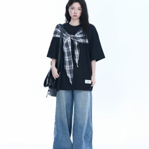 Trendy Black Short Sleeve T-shirt for Women with Butterfly Knot Spliced Design - American Style Loose Fit Top