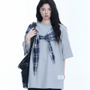 Trendy Black Short Sleeve T-shirt for Women with Butterfly Knot Spliced Design - American Style Loose Fit Top