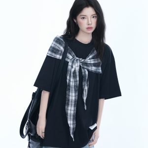 Trendy Black Short Sleeve T-shirt for Women with Butterfly Knot Spliced Design - American Style Loose Fit Top