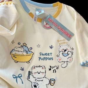 Trendy Color-Block Embroidered Cute Cat Short Sleeve T-Shirt for Women - Summer Fashion Must-Have