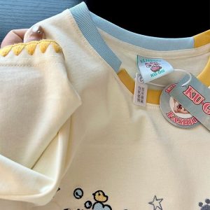 Trendy Color-Block Embroidered Cute Cat Short Sleeve T-Shirt for Women - Summer Fashion Must-Have