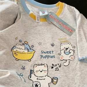 Trendy Color-Block Embroidered Cute Cat Short Sleeve T-Shirt for Women - Summer Fashion Must-Have