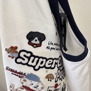 Trendy Color-Block Embroidered Dog Cartoon Short Sleeve T-Shirt for Women - Summer 2025 Patchwork Style Top