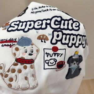 Trendy Color-Block Embroidered Dog Cartoon Short Sleeve T-Shirt for Women - Summer 2025 Patchwork Style Top