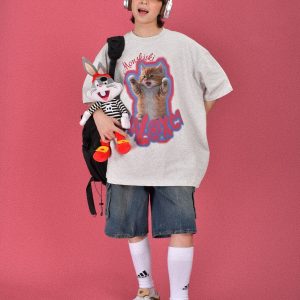 Trendy Cute Cat Print Oversized Short Sleeve T-Shirt for Summer Casual Wear - Perfect for Couples and Y2K Style