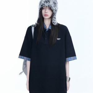 Trendy Fake Two-Piece Plaid Spliced Lapel Short Sleeve T-Shirt for Women - Loose Fit, Niche Design, Y2K Style