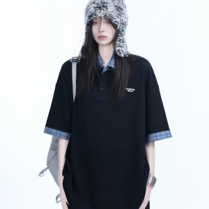 Trendy Fake Two-Piece Plaid Spliced Lapel Short Sleeve T-Shirt for Women - Loose Fit, Niche Design, Y2K Style