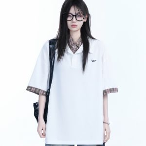 Trendy Fake Two-Piece Plaid Spliced Lapel Short Sleeve T-Shirt for Women - Loose Fit, Niche Design, Y2K Style