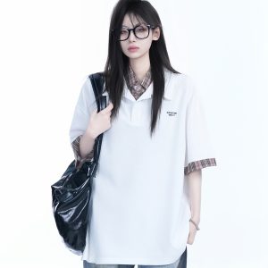Trendy Fake Two-Piece Plaid Spliced Lapel Short Sleeve T-Shirt for Women - Loose Fit, Niche Design, Y2K Style