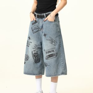 Trendy Graffiti Letter Denim Shorts for Men and Women - Loose Fit, American Retro Style, Streetwear Inspired, Casual Summer Pants