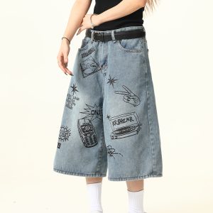 Trendy Graffiti Letter Denim Shorts for Men and Women - Loose Fit, American Retro Style, Streetwear Inspired, Casual Summer Pants