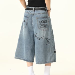 Trendy Graffiti Letter Denim Shorts for Men and Women - Loose Fit, American Retro Style, Streetwear Inspired, Casual Summer Pants