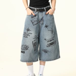 Trendy Graffiti Letter Denim Shorts for Men and Women - Loose Fit, American Retro Style, Streetwear Inspired, Casual Summer Pants