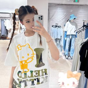 Trendy Korean Style Cute Kitty Casual Loose Heavyweight Pure Cotton Short Sleeve T-Shirt for Comfortable Everyday Wear
