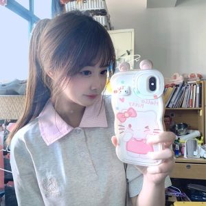 Trendy Korean Style Embroidered Patchwork Plaid Polo Short Sleeve T-Shirt for Women - Summer College Fashion in Gray