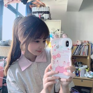 Trendy Korean Style Embroidered Patchwork Plaid Polo Short Sleeve T-Shirt for Women - Summer College Fashion in Gray