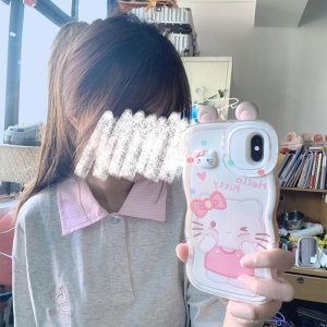 Trendy Korean Style Embroidered Patchwork Plaid Polo Short Sleeve T-Shirt for Women - Summer College Fashion in Gray