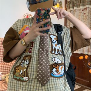 Trendy Loose Fit Short Sleeve Shirt for Women with Dog Embroidery and Plaid Cartoon Patchwork - Vintage 90s Style