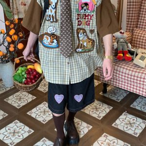 Trendy Loose Fit Short Sleeve Shirt for Women with Dog Embroidery and Plaid Cartoon Patchwork - Vintage 90s Style